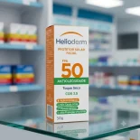Caixa do Protetor Solar Facial Helioderm FPS 50, Antioleosidade, Toque Seco, Cor 3.5 (50g). Compre na seção de dermocosméticos da Drogaria Canindé, sua farmácia em Natal RN.